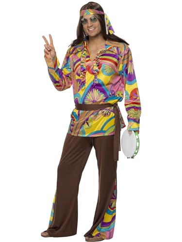 Smiffys Psychedelischer Hippie Herrenkostüm, Mehrfarbig, mit Hose, Hemd, Stirnband und Gürtel von Smiffys