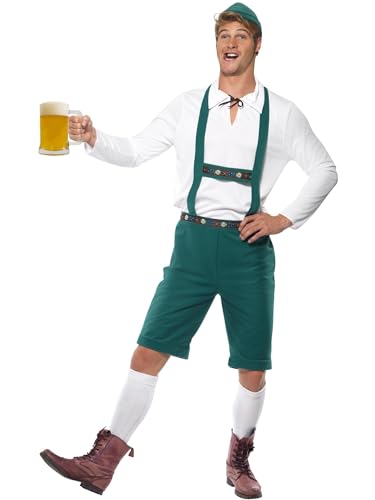 Smiffys Bier Fest Herrenkostüm, Grün, Kurze Lederhose mit Hosenträgern, Oberteil und Hut von Smiffys