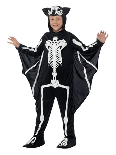 Smiffys Fledermaus-Skelett-Kostüm, Schwarz, mit Kapuzen-Overall & befestigten Flügeln von Smiffys