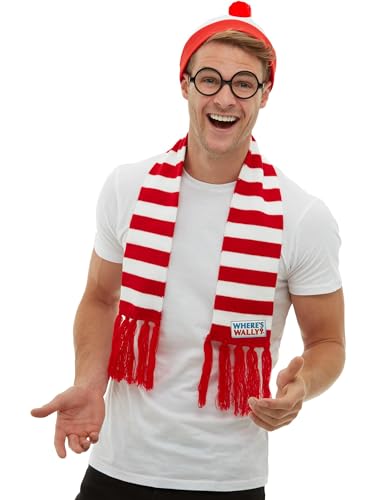 Smiffys Wo ist Wally Set, Rot & Weiß, mit Hut, Strickschal & Brille von Smiffys