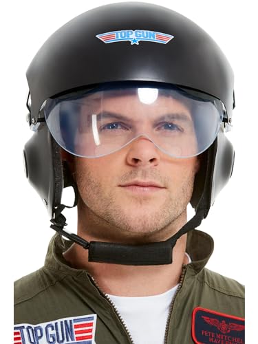 Smiffys Top Gun Deluxe Helm, Schwarz, mit verstellbarem Visier & Kinnriemen von Smiffys