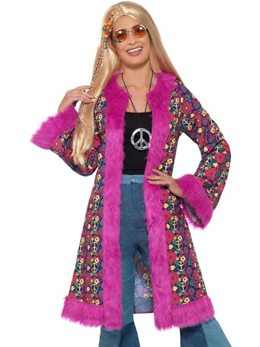 Smiffys 60er Psychedelischer Hippie Mantel, Rosa, mit Pelzbesatz von Smiffys