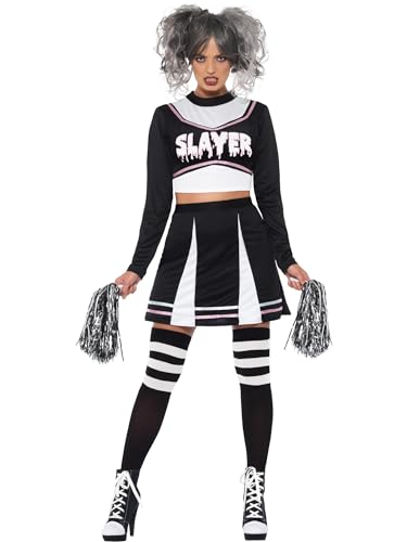 Smiffys Fever Gothic Cheerleader-Kostüm, Schwarz, mit bauchfreiem Hemd, Rock & Pompons von Smiffys