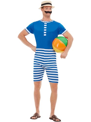 Smiffys 20er Jahre Badeanzug Kostüm, Blau & Weiß, mit kurzem Overall, Hut & Schnurrbart von Smiffys