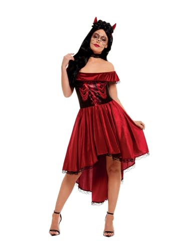 Smiffys Day-of-the-Dead-Teufelskostüm, Rot, mit Kleid & Stirnband von Smiffys