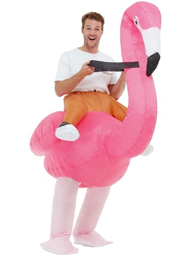 Smiffys Aufblasbares Flamingo Reitkostüm, Rosa, mit übergroßem Bodysuit & selbstaufblasendem Fächer von Smiffys