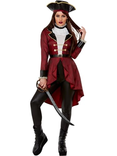 Smiffys Exklusives Kostüm: Swashbuckler Pirat, Burgunderrot, Jacke, Leggings, Halskrause & Hut von Smiffys