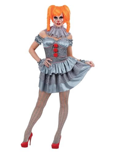 Smiffys IT Chapter 2, Pennywise-Damenkostüm, Minikleid, Ärmel, Halskrause, Bündchen und Strumpfhose von Smiffys