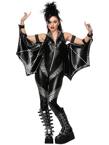 Smiffys Fever Rockstar Jumpsuit Damen Schwarz Kunstleder All-in-One Kostüm mit Nietendetails Fledermausärmel Glam Rock Verkleidung für Halloween Konzerte 80er Party Festival Klein Smiffys Fever Rockstar Jumpsuit Damen Schwarz Kunstleder All-in-One Kostüm mit Nietendetails Fledermausärmel Glam Rock Verkleidung für Halloween Konzerte 80er Party Festival Klein von Smiffys
