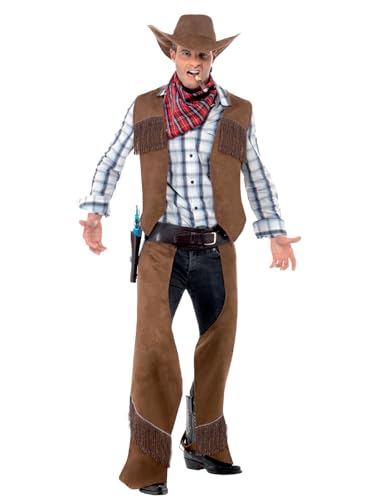 Smiffys Fransen-Cowboy Kostüm Braun mit Weste Beinschutz Halstuch und Hut, Medium, 22656M von Smiffys