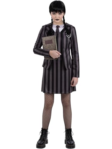 Smiffys Gotische Schuluniform, schwarzer Streifen, Latzkleid mit Stehkragen, Hemd und Krawatte von Smiffys