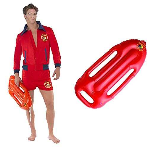 Smiffys Herren Baywatch Rettungsschwimmer Kostüm, Oberteil und Kurze Hose, Größe: L, 20587 & Aufblasbares Rettungsbrett, Baywatch, 73cm, One Size, Rot, 38085 von Smiffys