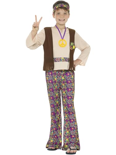 Smiffys Hippie-Jungenkostüm, Mehrfarbig, mit Oberteil, befestigter Weste, Hose, Anhänger und Kopfband von Smiffys