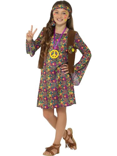 Smiffys Hippie-Mädchen Kostüm, Mehrfarbig, Kleid mit Weste, Stirnband & Medaillon von Smiffys