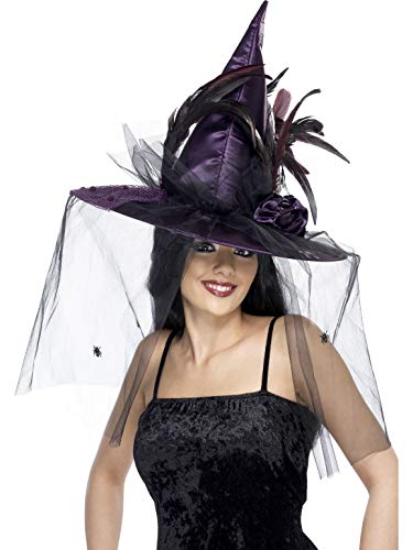 Smiffys Hut Hexe, Purpur, mit Federn und Netz, Deluxe Smiffys Hut Hexe, Purpur, mit Federn und Netz, Deluxe von Smiffys
