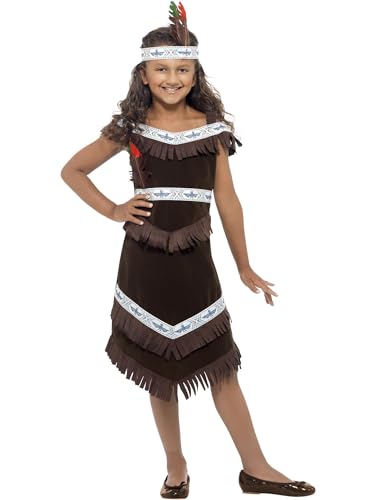 Smiffys Indianer-Kostüm von amerikanischen Ureinwohnnern inspiriert, für Mädchen, braun, Fransenkleid und Feder-Stirnband von Smiffys