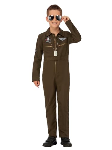 Smiffys Top Gun Maverick Aviator Kostüm für Jungen, grün, mit Overall und veränderbaren Namensschildern von Smiffys