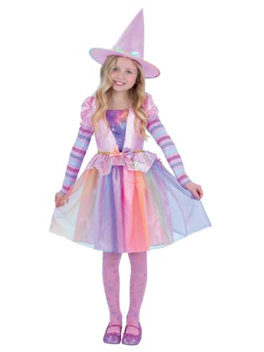 Smiffys Pastellfarbenes Regenbogen-Hexenkostüm mit Kleid, Hut und Strumpfhose, Halloween-Kinder-Kostüm, Halloween-Kostüme von Smiffys