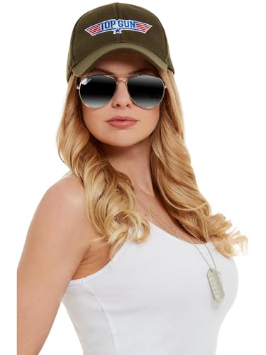 Smiffys Top Gun Instant Kit, Khaki, mit Hut, Fliegerbrille und Erkennungsmarke von Smiffys