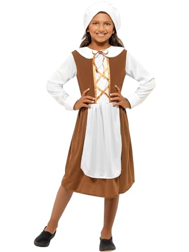 Smiffys Tudor Mädchen Kostüm, Braun, mit Kleid, Mütze und Mock-Schürze von Smiffys