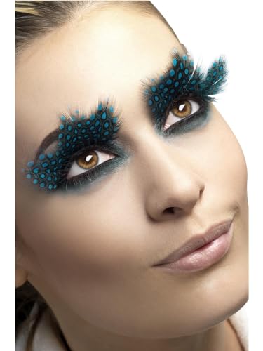 Smiffys Wimpern, Große Feder mit aquamarinblauen Punkten, enthält Klebstoff von Smiffys