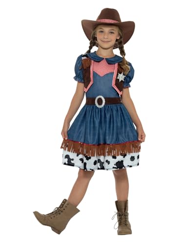 Smiffys Texanisches Cowgirl-Kostüm, Blau, mit Kleid, befestigter Weste und Hut von Smiffys