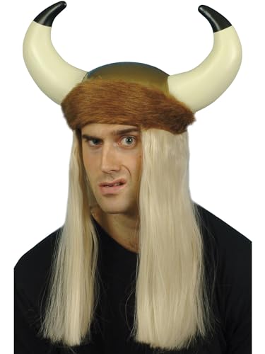 Viking Helmet, Brown, with Horns, Long Blonde Hair & Fur Trim von Smiffys