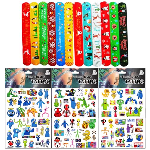 Smilbaley 12 Klatscharmband Regenbogen Geburtstag, Slap Armbänder Set, 6 Kinder tattoos Aufkleber Stickers, Rainbow Friends Temporäre Tattoo Set Kinder, Slap Bands Haut Aufkleber von Smilbaley