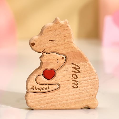 Personalisiertes Holzkunstpuzzle der Alleinerziehender Bärenfamilie mit 1-8 Namen, Holz Bär Skulpturen Desktop Ornament Weihnachts Home Tischdekoration, Geschenk für Familie, Oma, Opa Mama, Papa von Smile lab