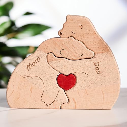 Personalisiertes Holzkunstpuzzle der Eisbärenfamilie mit 1-8 Namen, Holz Eisbär Skulpturen Desktop Ornament Weihnachts Home Tischdekoration, Geschenk für Familie, Oma, Opa Mama, Papa von Smile lab