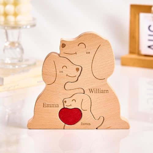 Personalisiertes Holzkunstpuzzle der Hundfamilie mit 1-8 Namen, Holz Hund Skulpturen Desktop Ornament Weihnachts Home Tischdekoration, Geschenk für Familie, Oma, Opa Mama, Papa von Smile lab