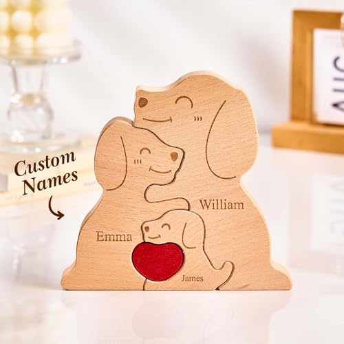 Personalisiertes Holzkunstpuzzle der Hundfamilie mit 1-8 Namen, Holz Hund Skulpturen Desktop Ornament Weihnachts Home Tischdekoration, Geschenk für Familie, Oma, Opa Mama, Papa von Smile lab