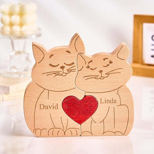 Personalisiertes Holzkunstpuzzle der Katzefamilie mit 1-8 Namen, Holz Katze Skulpturen Desktop Ornament Weihnachts Home Tischdekoration, Geschenk für Familie, Oma, Opa Mama, Papa von Smile lab