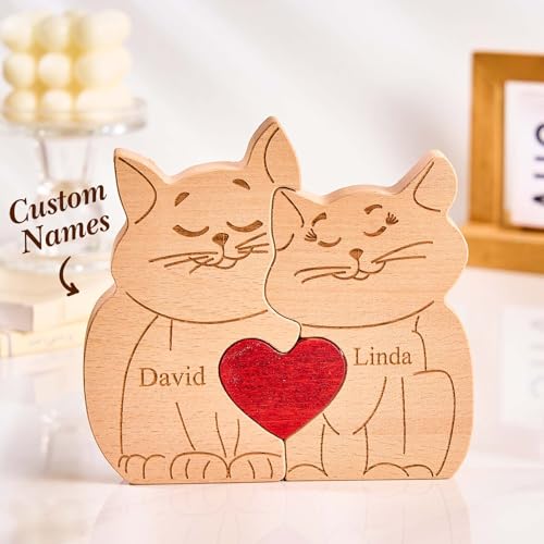 Personalisiertes Holzkunstpuzzle der Katzefamilie mit 1-8 Namen, Holz Katze Skulpturen Desktop Ornament Weihnachts Home Tischdekoration, Geschenk für Familie, Oma, Opa Mama, Papa von Smile lab