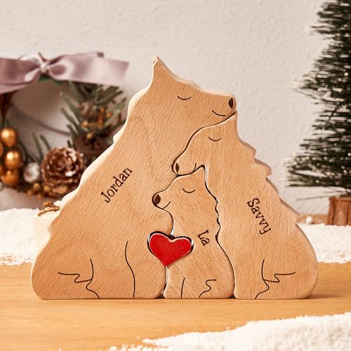 Personalisiertes Holzkunstpuzzle der Wolfsfamilie mit 1-8 Namen, Holz Wolf Skulpturen Desktop Ornament Weihnachts Home Tischdekoration, Geschenk für Familie, Oma, Opa Mama, Papa von Smile lab