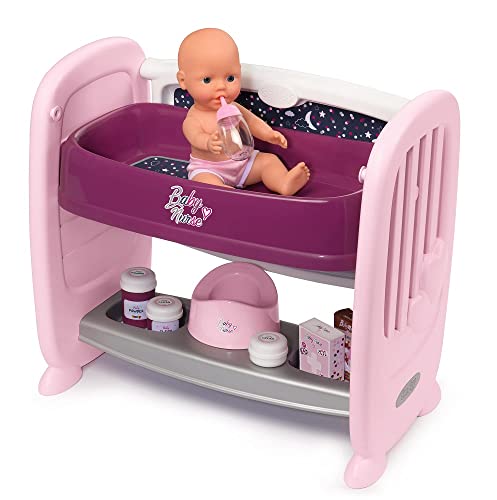 Smoby – Puppenbett mit viel Zubehör – 2in1 Beistellbett und Wickeltisch, höhenverstellbar, mit Puppe, Töpfchen, Fläschchen, uvm., für Kinder ab 2 Jahren von Smoby