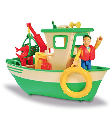 Smoby 109251074002 Sam Le Pompier - Bateau de Pêche Flottant - Grue Mobile + Treuil Mécanique - 1 Figurine Incluse Charlie Boot, grün, one Size von Smoby