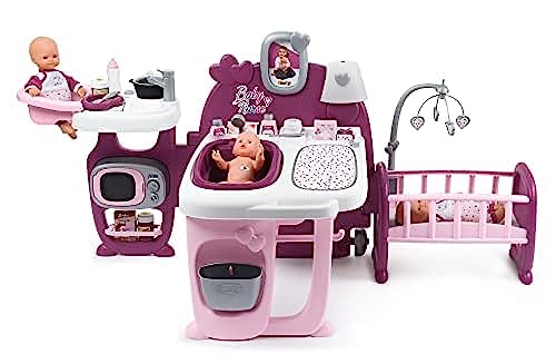 Smoby 220349 – Baby Nurse Spielcenter für Puppen – mit Puppenbett, Badewanne, Spielküche, Wickeltisch, viel Zubehör, Kinder ab 3 Jahren, rosa, lila von Smoby