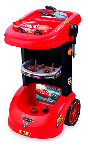 Smoby 360209 - Cars Werkzeugtrolley mit Lightning McQueen Autobausatz, Rollenspiel von Smoby