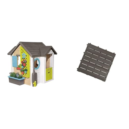 Smoby 810405 - Gartenhaus - Spielhaus für drinnen und draußen, mit Kleiner Eingangstür und Fenstern, viel Zubehör zum Gärtnern, ab 2 Jahren & 810907 Bodenplatten-Set mit Klicksystem von Smoby