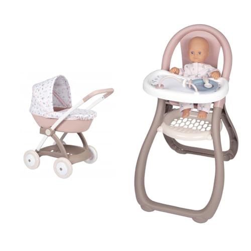 Smoby - Baby Nurse Puppenwagen mit Verdeck - Griffhöhe: 58 cm & Baby Nurse Puppenhochstuhl – Puppenstuhl mit Teller und Löffel, Puppen-Zubehör für Puppen bis 42 cm, für Kinder ab 18 Monaten von Smoby