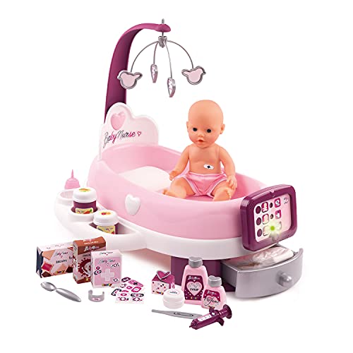 Smoby - Baby Nurse elektronische Puppenpflege-Station - Puppenbett mit Mobile, elektronisches Bedientablett und viel Zubehör, für Kinder ab 3 Jahren, rosa, lila von Smoby