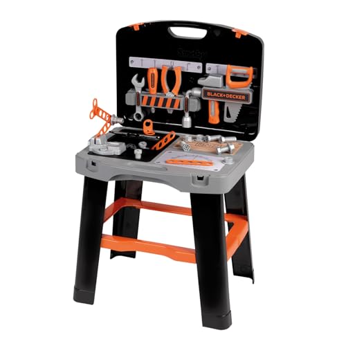 Smoby - Black+Decker Werkzeugkoffer Bricolo Smart (43x35x76 cm) - Werkbank-Koffer für Kinder ab 3 Jahre, Spielzeug mit umfangreichem Werkzeug-Zubehör und Tischbeinen zum Aufstellen von Smoby