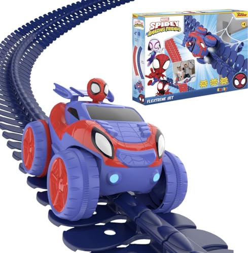 Smoby Toys - Spidey FleXtreme Rennbahn-Set (blau-rot) - flexible Kinder-Rennbahn inkl. 184 Schienenteile (4,40 Meter), Spidey Rennauto & Spinnennetz von Smoby