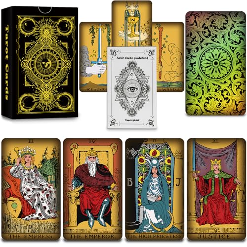 Smoostart 78 Tarotkarten mit Ratgeber, klassisches Tarotkartendeck für Anfänger und professionelle Spieler, Zukunftserzählspiel (Holografisches Gold ohne Rahmen) von Smoostart