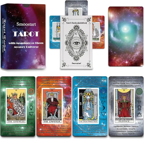 Smoostart Tarotkarten mit Bedeutungen auf ihnen, Tarot mit Leitfaden für Anfänger, Schlüsselwörter, Element, Planet, Sternzeichen, Chakra, Ja oder Nein, musikalische Tonhöhe, Numerologie, hebräisches von Smoostart