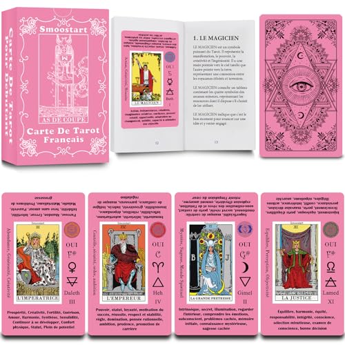 Smoostart Französische rosa Tarotkarten mit Bedeutungen, Tarotkarten Deck mit Leitfaden für Anfänger, Schlüsselwörter, Element, Planet, Sternzeichen, Chakra, Ja oder Nein, Musiktonlage, Numerologie, von Smoostart