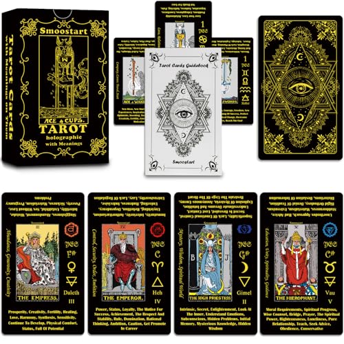 Smoostart Holografische Englische Tarotkarten mit Bedeutungen, Tarotkartendeck mit Leitfaden für Anfänger, Schlüsselwörter, Element, Planet, Chakra, Ja oder Nein, Numerologie von Smoostart