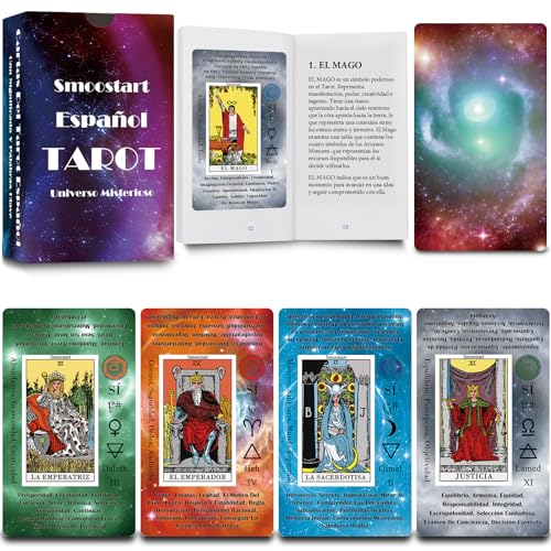 Smoostart Holografische spanische Tarotkarten mit Bedeutungen auf ihnen, Tarot mit Leitfaden für Anfänger, Schlüsselwörter, Element, Planet, Sternzeichen, Chakra, Ja oder Nein, Musiktonlage von Smoostart