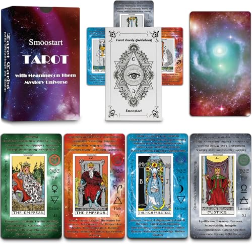 Smoostart holografische Englische Tarotkarten mit Bedeutungen, Tarotkartendeck mit Leitfaden für Anfänger, Schlüsselwörter, Element, Planet, Chakra, Ja oder Nein, musikalische Tonhöhe, Numerologie von Smoostart